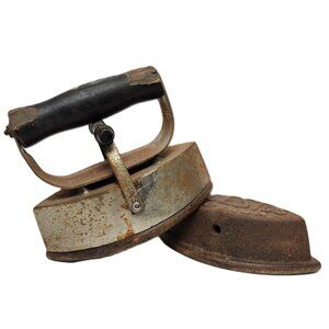 Antique Decor 2 Cast Iron 6" Asbestos Sad Iron w/Locking Wood Handle Cover Set